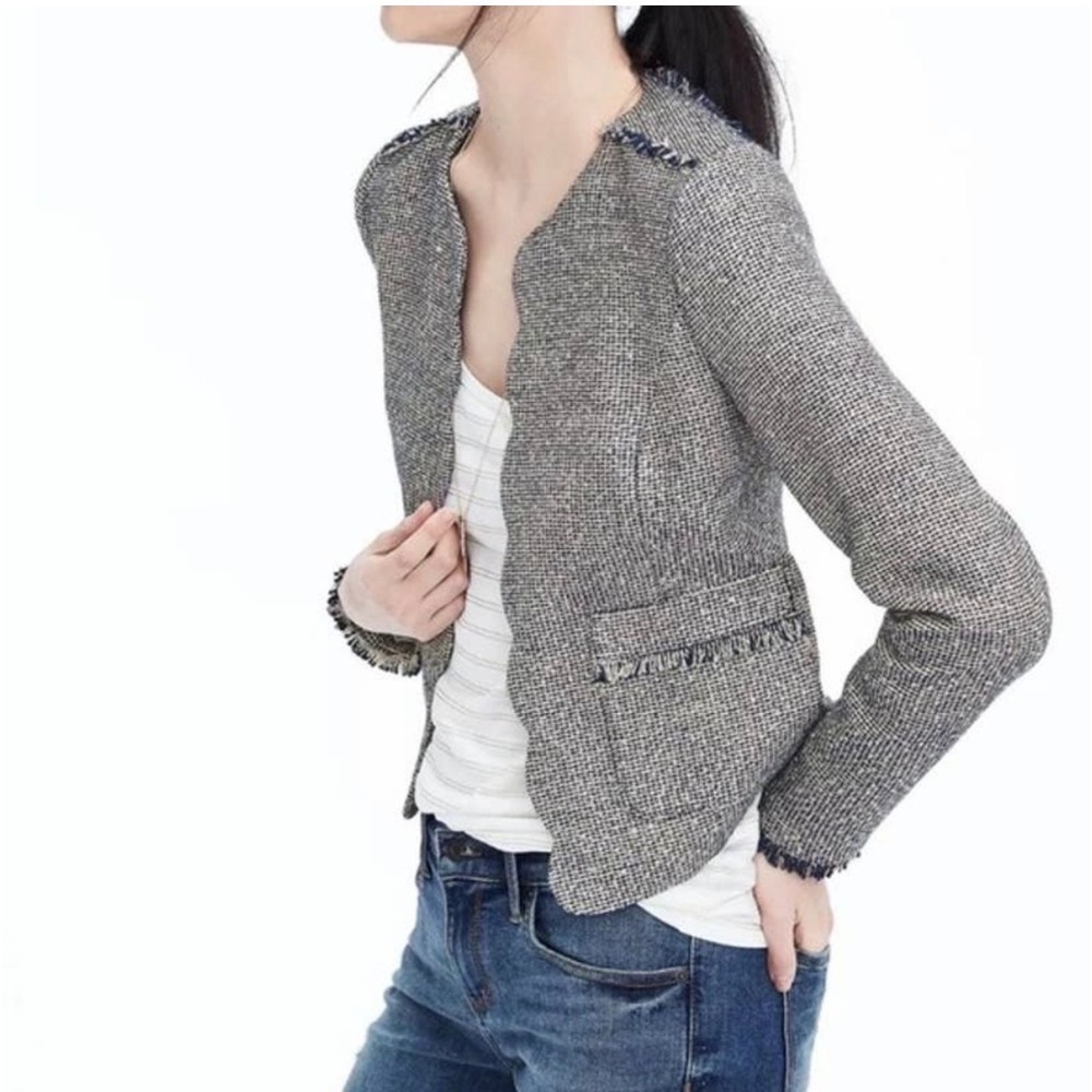 Banana Republic Tweed Jacket Womens Sz 6 Blue Scalloped Fringe Metallic Workwear